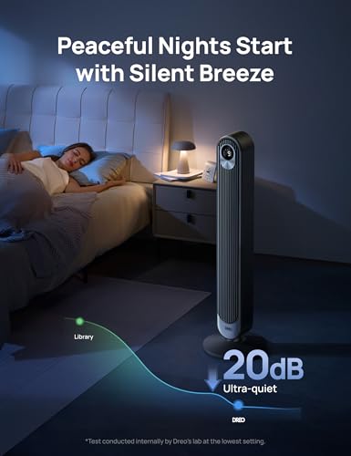 DREO 20dB Quiet 42 Inch Tower Fan, DC Power, 28ft/s Fast Cooling, 9 Speeds 4 Modes, 12H Timer Night Mode, LED Display & Remote, Standing Fan for Home Bedroom Office, Black