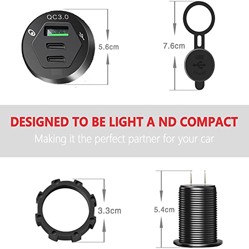 USB C Car Charger Socket, 12V USB Outlet with 18W Dual PD Ports & 18W