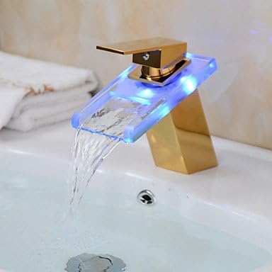 Furesnts Modern home kitchen and bathroom faucet LED Color Changing Waterfall Glass Spout Bathroom Sink Faucet - Transparent green + Gold ,(Standard G 1/2 universal hose ports)