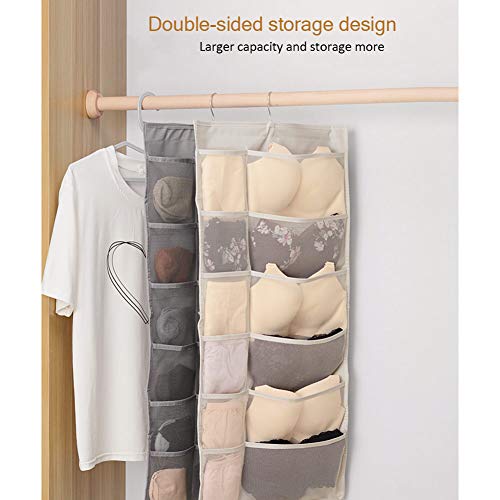 Aoolife 30 Mesh Pockets Hanging Storage Organiser with Metal Hanger, Dual-Sided Hanging Closet Organizer for Underwear, Stocking,Bra and Sock (Grey) - Thumbnail 6