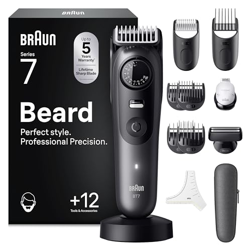 Braun Regolabarba Uomo Series 7, +12 Strumenti da Barbiere, Lama Problade Affilata a Vita, Fino a 120 Minuti di Autonomia, Selettore di Precisione con 40 Lughezze e Blocco, Bt7545, Grigio