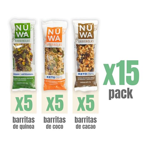 MIX PACK NÜWA KETO: Barritas de Cacao, Coco y Quinoa - Veganas - Snack Saludable - Vitamina E - Sin Azúcar Añadida - 15 pz - Ingredientes Naturales - Sin Conservadores - Sin Gluten