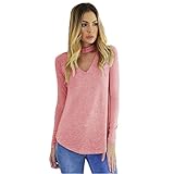 Muangan Women Fashion Loose Casual V-Neck Long Sleeve Blouse Tops