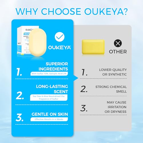 OUKEYA Sulfur Soap for Face and Body with 10% Sulfur, 2% Salicylic Acid, Sulphur Soap Bar with Goat Milk & Tea Tree Oil Hydrating Aloe & Hyaluronic Acid