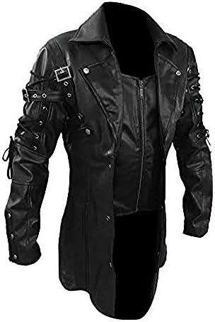 Mens Pure Black Matrix Trench PU Leather Coat Steampunk Gothic