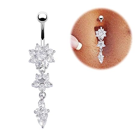 Calistouk Glockenring-Piercing, Kristall-Blume, baumelnd, für Bauchnabel, elegant, sexy, schön, 1 Stück silber