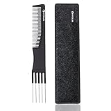 HYOUJIN615 Black Carbon 5 Metal Prong Styling Comb,Lift Teasing Comb,Lifting Fluffing Comb for Salon Use-with Five Pins and Stainless Steel Lift-Best for making bun hair style-Anti static