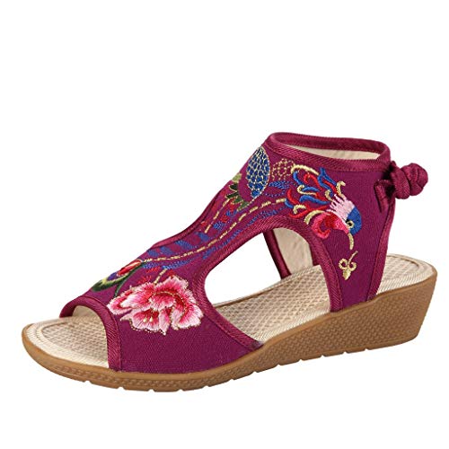 Women Yoga Sling 2 Print Vintage,FAPIZI Lady Fashion Wedges Slip On Wedges Embroider Leisure Dance Sandals Hot Pink