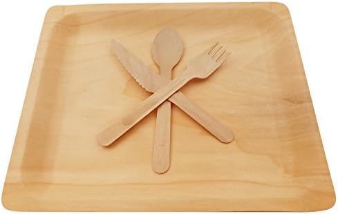 Wooden Disposable Cutlery Kit of 10 Plates(10.5 inch),10 Forks, 10 Spoons, 10 Knives, 6 inch Utensils,Biodegradable, Compostable Dinnerware,Wedding,Dinner,Catering & Party Supplies(Pack of 40)