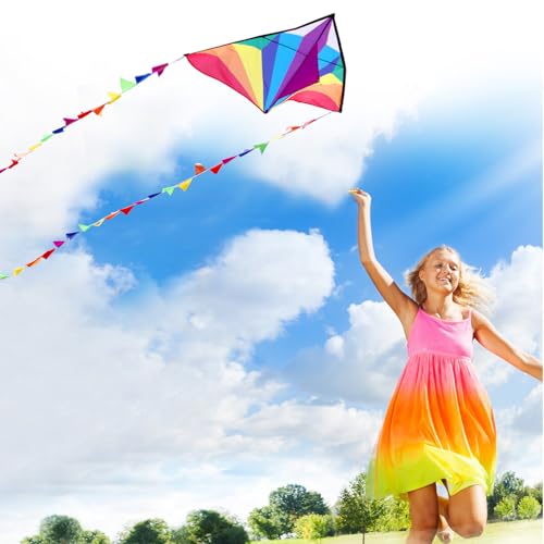 HONBO Large Delta Kite for Kids & Adults,Extremely Easy to Fly Kite for Beach Trip,String Line Included,with Colorful Tail,Perfect for Beginners