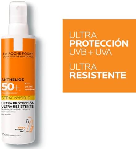 La Roche Posay Spray Invisible, Protector Solar con SPF50+, Apto para Piel Sensible, Previene el Estrés Oxidativo, Resistente al Agua, al Sudor y a la Arena, Fórmula con Agua Termal, Anthelios, 200 ml