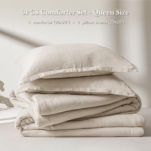 David's Home Cotton Muslin Comforter Set Queen Size, 100% Cotton Cover Ultra-Soft Breathable Lightweight Skin-Friendly for Spring Summer, 3PCS Linen Like Gauze Bedding with Polyester Filling, Natural