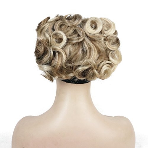 Lydell Short Messy Curly Dish Hair Bun Extension Stretch hair Combs Clip in Ponytail Extension (H16-613 Blonde Highlight)