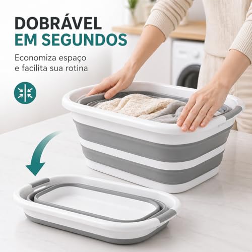 Balde Retratil Silicone 26L Dobrável com Alca Multiuso para Limpeza Lavanderia Armazenamento Compacto Resistente Branco Cinza
