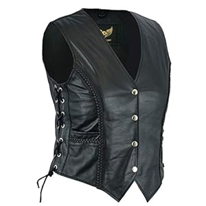 Dames lederen gevlochten biker stijl gilet voor casual en mode mouwloos jas / vest (L) (12)