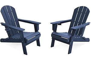 LOUNZY Folding Adirondack Chairs Set of 2, HDPE All-Weather Folding Adirondack Chair with Cup Holders, Outdoor Patio Adirondack Chair for Deck Lawn Fire Pit, Navy