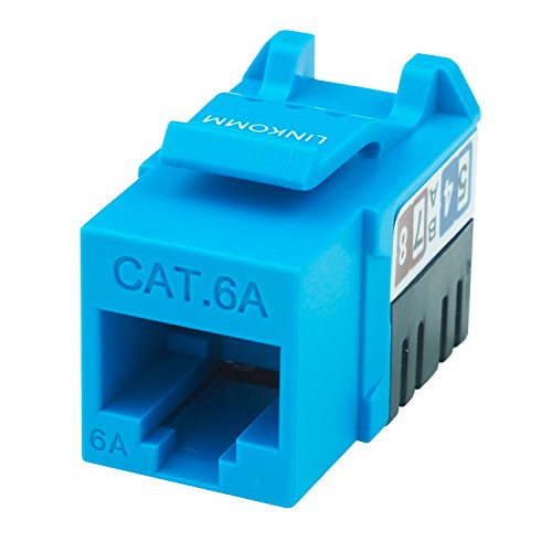 LINKOMM (25 Pack) RJ45 Cat6A Slim Profile Keystone Jack with Punch Down Palm Holder, Blue