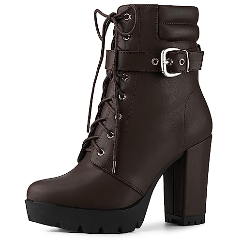 Allegra K Damen Plateau Schnalle Schnürschuh Blockabsatz Stiefeletten, coffee, 40.5 EU