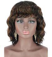 Brinbea 100% Remy Human Hair Wig with Bangs Black Brown Highlights Body Wave Real Human Hair Wigs...