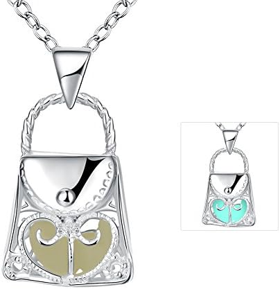 The November Nocturne Glow Cyan Color Hollow Heart Pendant Luminous Silver Plated Unisex Necklace