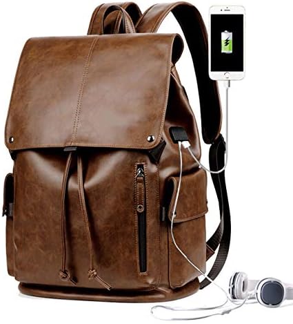 Reichlixin Laptop Waterproof Soft Leather Backpack With USB Charging Knapsack, Outdoor Travel Large Capacity Bag, Men's And Women's Backpacks (Color : Dark brown)