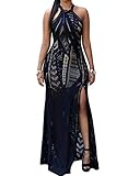 Lovezesent Women's Lace Nude Illusion Key-Hole Back Maxi Dress Large Black