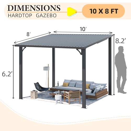 AECOJOY 10x8 Hardtop Wall-Mounted Pergola Gazebo, Heavy Duty Galvanized Steel Roof image 12