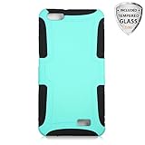 Huawei Raven LTE H892L Case, Double Layered Rubberized Slim Hybrid Shockproof Protective Armor Hard Case for Huawei Raven LTE H892L + TJS® Tempered Glass Screen Protector & Stylus Pen (Black and Teal)