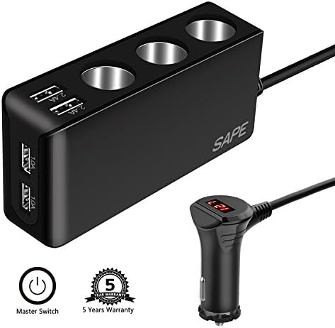 3 Socket Cigarette Lighter Splitter, SAPE 120W 12V/24V Car Power DC Outlet Adapter with 6.8A 4 Port USB Car Charger for iPhone X/8/7/6s/6 Samsung Galaxy S8/S7/S6/Note 8 5, Dash Cam and GPS