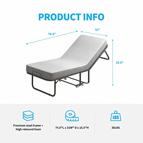 Mjkone Folding Bed with 4 Inch Mattress and Headboard Single Size Portable Bed with Cover