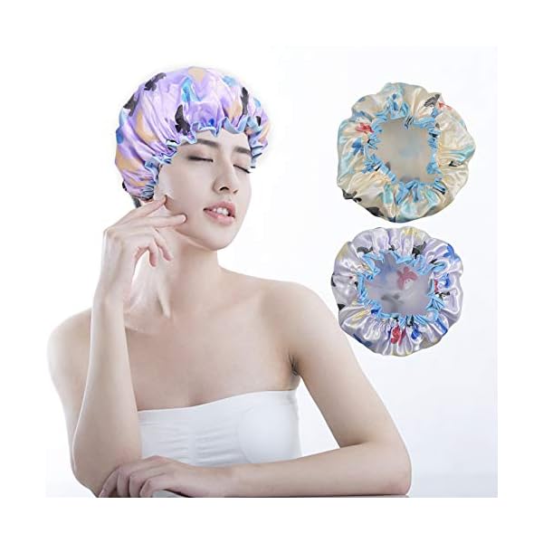 2 Packs Shower Caps for Women Long Hair Reusable Large Butterfly Double Layer Waterproof Bath Cap Bathing Accessories
