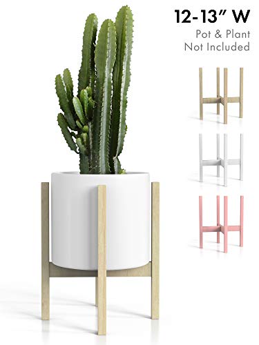 Mid Century Modern Plant Stand – Fits Large 12 & 13 Inch Planter Pots (NOT Included) – Handmade Wood Standing Holder for Indoor House Plants and Outdoor Patio Deck – Clear Coat Pine Color