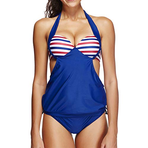 DEATU Womens Sexy Bikini Swimsuit Teen Ladies Striped Sport Tankinis Swimwear Beachwear Adjustable Halter(D,Medium)