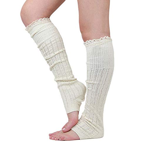 Women Knit Leg Warmers Winter Long Lace Boot Cuffs Socks Stretch Warm Stocking Leggings(White)