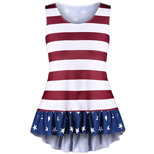 Howley Fashion Womens Plus Size American Flag Print Ruffles Bowknot Patriotic Tank Tops (5XL)