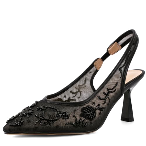 ZBOT Women's Lace Mesh Heeled Sandals with Back Strap, Embroidered Kitten Heels, Pearl Embellished Bridal Heels, Open Toe Backless Sandals-Black-6.5 at Amazon