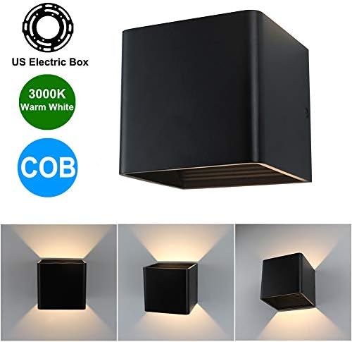 Aipsun 6W LED COB Square Black Modern Up and Down Wall Light for Indoor Wall Mount Sconce Pathway Staircase Bedroom Living Room Balcony Home Lighting Fixture（Warm White 3000K）