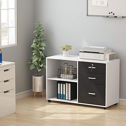 Tribesigns 3 Drawer Wood File Cabinets with Lock, Large Modern Lateral Mobile Filing Cabinets Printer Stand with Wheels, Open Storage Shelves for Home (White with Lock) - Thumbnail 7