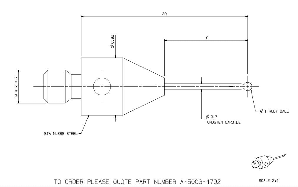 Stylet Sonde CNC Renishaw A-5000-3709 PS3-1C - Bille Rubis Ø6mm, Tige Céramique, Filetage M4, Longueur 50mm