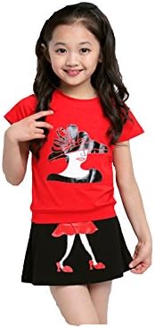 Red Girl Print top with Matching Black Skirt Set