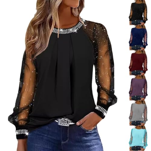 Party Tops for Women UK, Sparkly Tops for Women UK Ladies Party Top Lace Long Sleeve V Neck Blouses Glitter Rhinestone Jumpers Sequin Tunic Elegant Evening Top Plus Size Tees Tshirts
