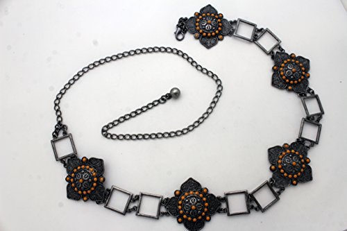 TFJ Women Ethnic Belt Hip Waist Vintage Antique Silver Metal Flower Charms S M L