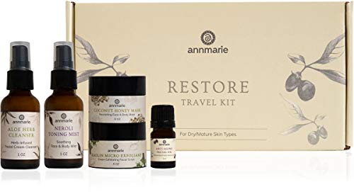Annmarie Skin Care Restore Travel Kit - Anti-Aging, Mature Skin Care Set with Cleanser, Toning Mist, Facial Oil, Exfoliating Scrub + Honey Mask (5 Piece Kit)