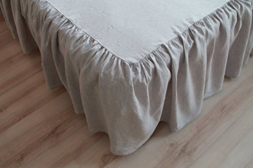 Pure linen bedskirt with romantic ruffles, US Queen size 60 X 80, 14" drop, in natural linen color