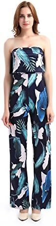 CHUHANG Women's Floral Print High Waist Strapless Long Wide Leg Pants Jumpsuit Rompers