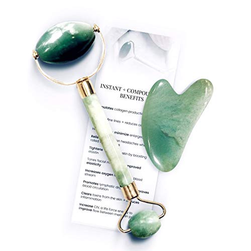 New Jade Roller for Face - Anti Aging Therapy Men Women - Original Himalayan Natural Jade Stone - Facial Skin Healing Slimming Massager Roller - Free Gua sha Scrap, Pouch Bag, E-book