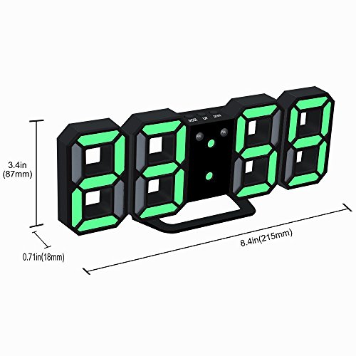 LED Digital Electronic Alarm Clock, Modern Multi-Functional Desk / Shelf Wall Clock with Dimmable Nightlight, Snooze, Auto Memory, 24/12 Hour Display (Black Frame, Green Light)