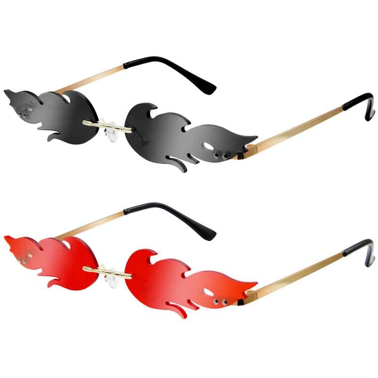 Yeelua Flame Shaped Sunglasses, 2 Pairs Party Glasses Outdoor Vacation Fire Shaped Funky Sun Eyeglasses, Fancy Dress Eyewear Party Photo Props Festival Cosplay Dress Up Accessories for Adult