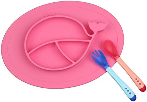 Silicone Kids Placemat Food Plate 3 compartments Toddlers Baby Feeding Mat - UNIQEE Kids Suctions Non-slip Foldable Kids Portable Travel Bowl for Babies Infants Spoon&amp; Fork include (Rosy)