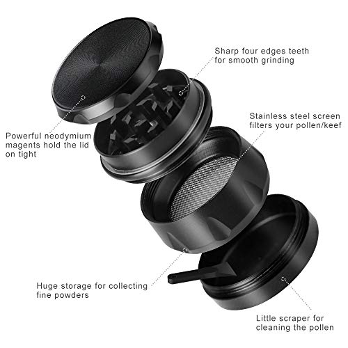 iRainy G2 Pro 2.3 Inch Spice Herb Grinder 4 Pieces with Pollen Catcher (Black)